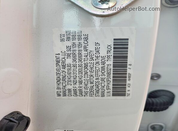 5FPYK3F5XNB032715 2022 HONDA RIDGELINE White Widok naklejki z numerem VIN