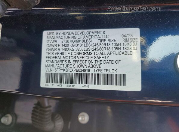 5FPYK3F5XPB034919 2023 HONDA RIDGELINE Blue Vista del compartimento del motor