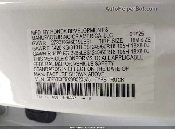 5FPYK3F5XSB020575 2025 HONDA RIDGELINE White ძრავის განყოფილების ხედი