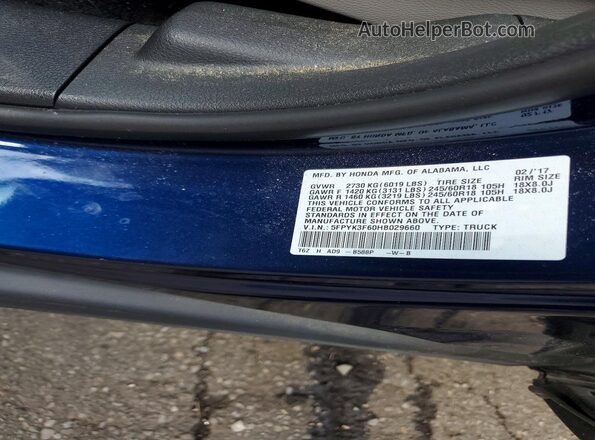 5FPYK3F60HB029660 2017 HONDA RIDGELINE Blue Vista del compartimento del motor