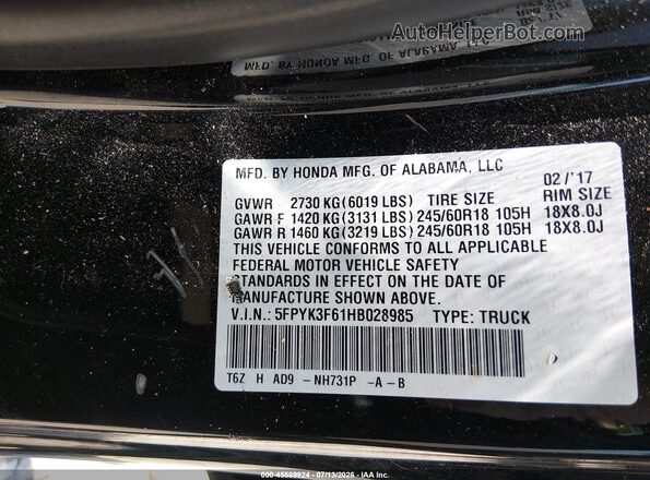 5FPYK3F61HB028985 2017 HONDA RIDGELINE Black Vista del compartimento del motor