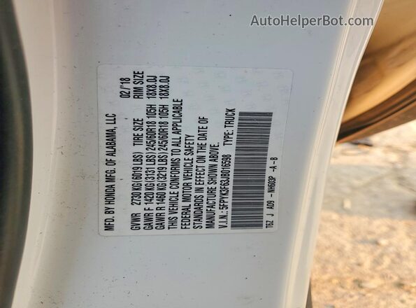 5FPYK3F63JB016598 2018 HONDA RIDGELINE White Շարժիչի բաժամունքի տեսք