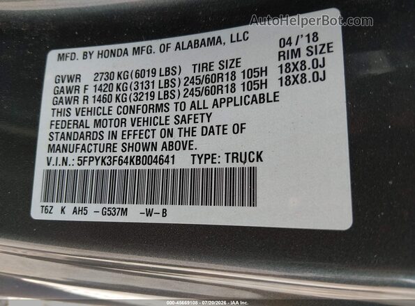 5FPYK3F64KB004641 2019 HONDA RIDGELINE Gray Engine compartment view