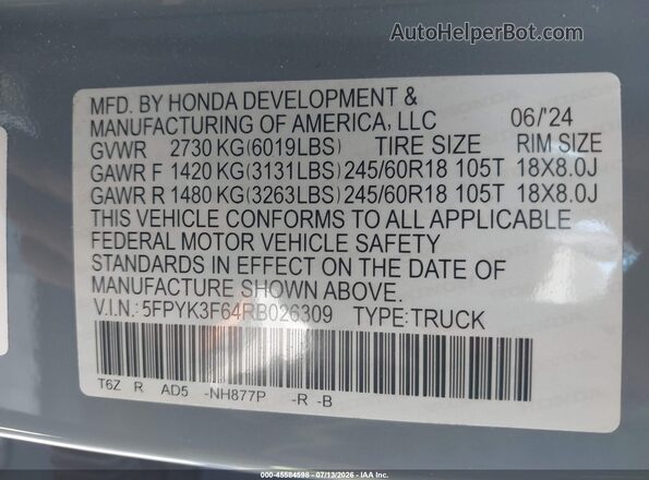 5FPYK3F64RB026309 2024 HONDA RIDGELINE Серый Вид подкапотного пространства