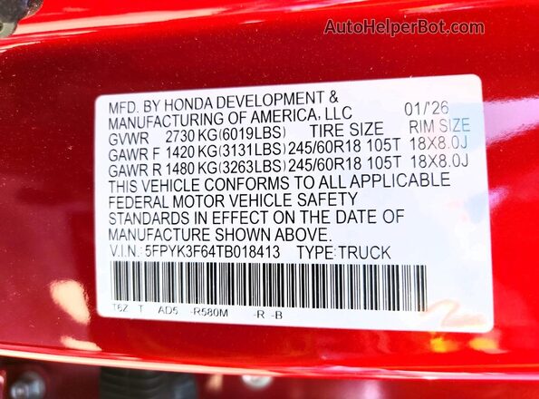 5FPYK3F64TB018413 2026 HONDA RIDGELINE Red Շարժիչի բաժամունքի տեսք