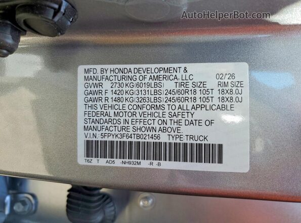5FPYK3F64TB021456 2026 HONDA RIDGELINE Silver VIN sticker view