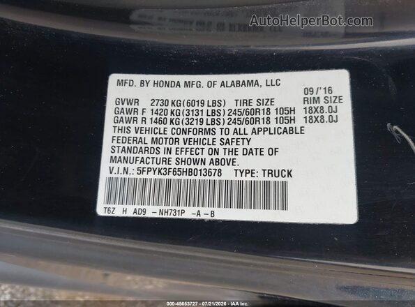 5FPYK3F65HB013678 2017 HONDA RIDGELINE Черный Вид подкапотного пространства