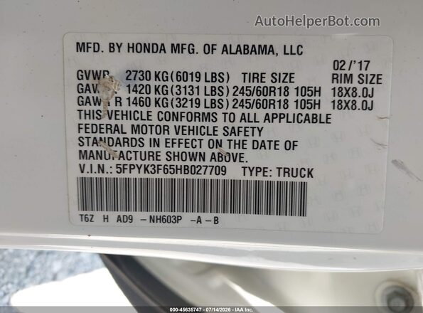 5FPYK3F65HB027709 2017 HONDA RIDGELINE Белый Вид подкапотного пространства