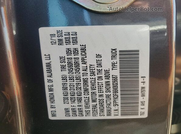5FPYK3F66KB026687 2019 HONDA RIDGELINE Gray VIN sticker view