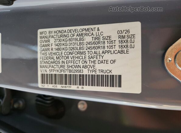5FPYK3F67TB029583 2026 HONDA RIDGELINE Gray VIN կոդի պիտակի տեսք