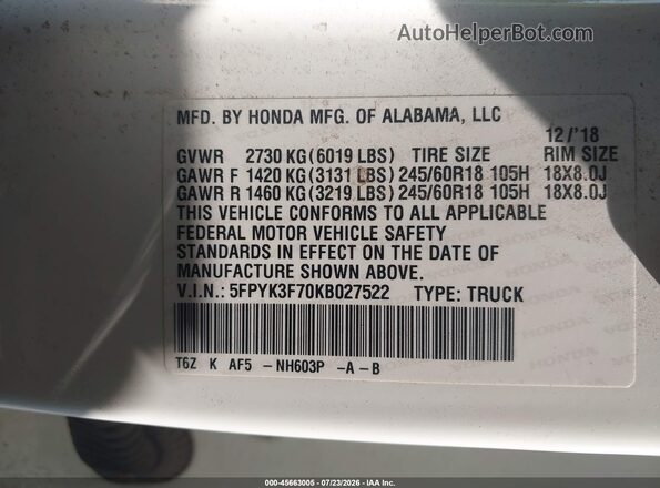 5FPYK3F70KB027522 2019 HONDA RIDGELINE Белый Вид подкапотного пространства