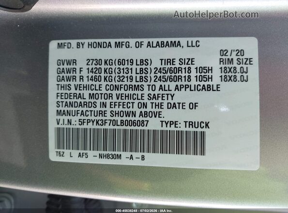 5FPYK3F70LB006087 2020 HONDA RIDGELINE Silver Вид підкапотного простору