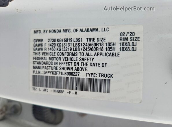5FPYK3F71LB006227 2020 HONDA RIDGELINE White Widok komory silnika