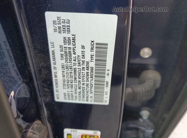 5FPYK3F71LB023660 2020 HONDA RIDGELINE Blue Engine compartment view