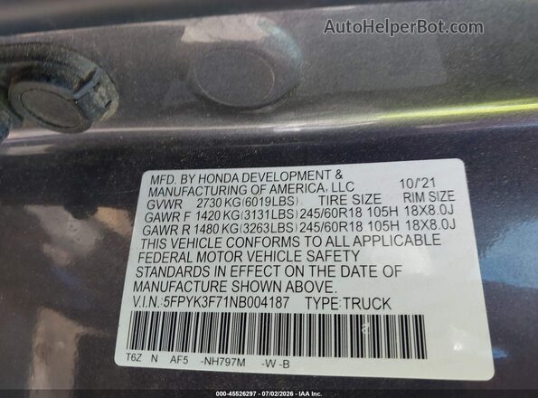 5FPYK3F71NB004187 2022 HONDA RIDGELINE Gray Вид підкапотного простору