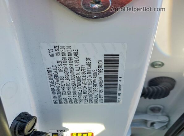 5FPYK3F71NB035049 2022 HONDA RIDGELINE White VIN კოდის სტიკერის ხედი
