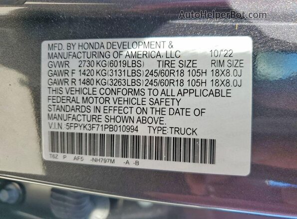 5FPYK3F71PB010994 2023 HONDA RIDGELINE Charcoal ძრავის განყოფილების ხედი