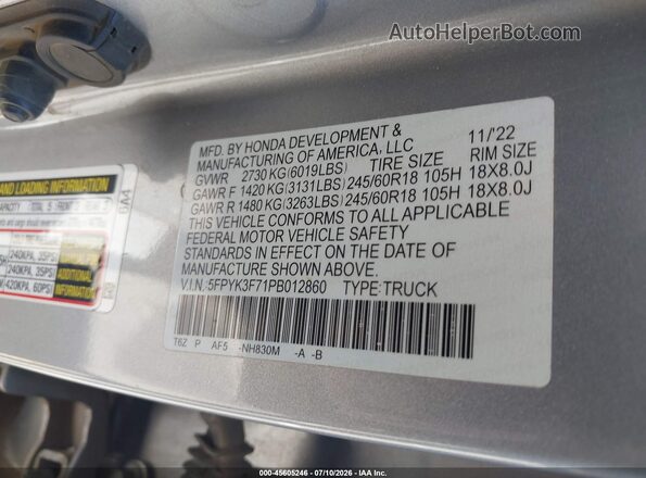 5FPYK3F71PB012860 2023 HONDA RIDGELINE Silver Вид підкапотного простору
