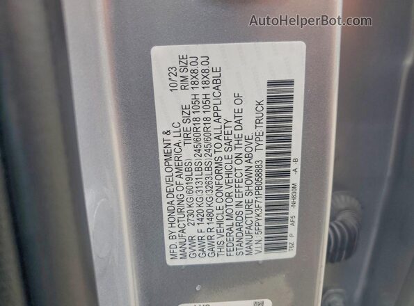 5FPYK3F71PB058883 2023 HONDA RIDGELINE Silver Շարժիչի բաժամունքի տեսք