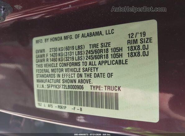 5FPYK3F72LB000906 2020 HONDA RIDGELINE Burgundy ძრავის განყოფილების ხედი