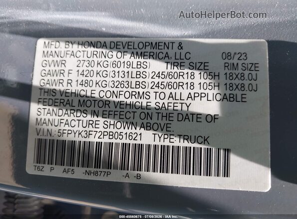 5FPYK3F72PB051621 2023 HONDA RIDGELINE Blue ძრავის განყოფილების ხედი