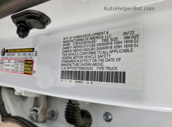 5FPYK3F73NB030242 2022 HONDA RIDGELINE White Engine compartment view