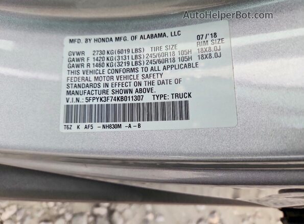 5FPYK3F74KB011307 2019 HONDA RIDGELINE Silver Engine compartment view