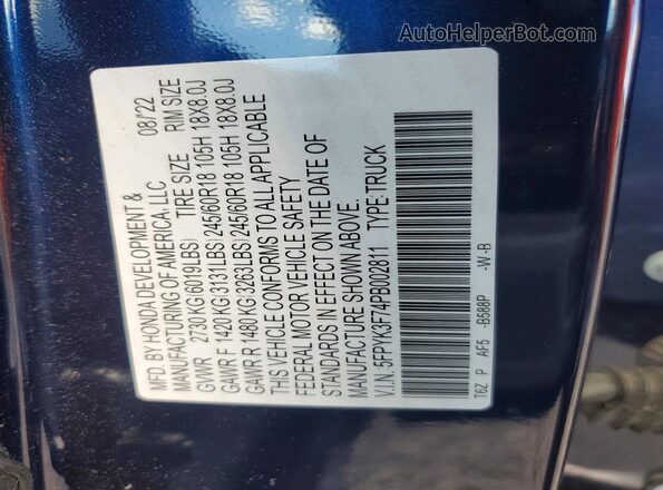 5FPYK3F74PB002811 2023 HONDA RIDGELINE Blue Widok naklejki z numerem VIN