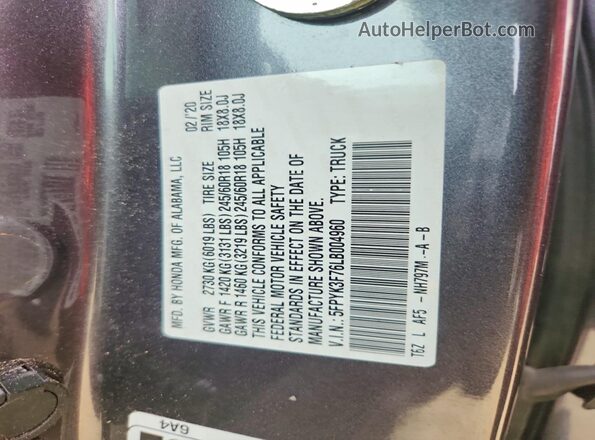 5FPYK3F76LB004960 2020 HONDA RIDGELINE Gray Vista de la etiqueta del VIN