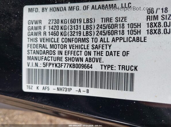 5FPYK3F77KB009664 2019 HONDA RIDGELINE Black ძრავის განყოფილების ხედი