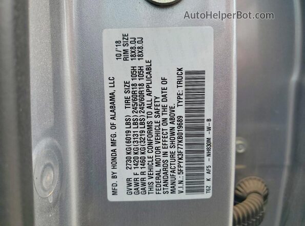 5FPYK3F77KB019689 2019 HONDA RIDGELINE Silver Widok naklejki z numerem VIN
