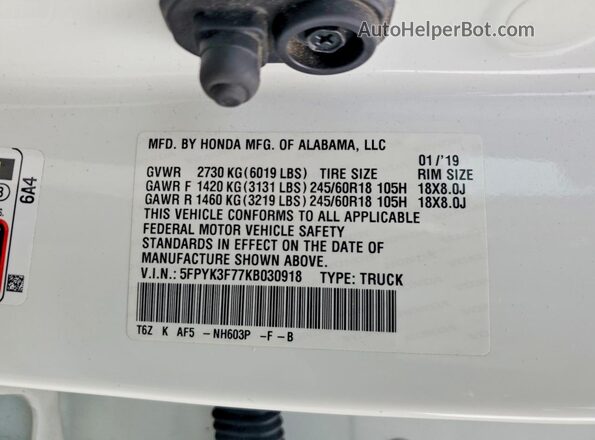 5FPYK3F77KB030918 2019 HONDA RIDGELINE White Widok komory silnika