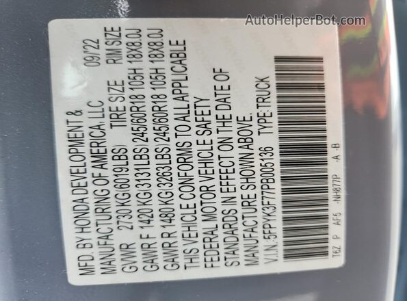 5FPYK3F77PB005136 2023 HONDA RIDGELINE Gray Շարժիչի բաժամունքի տեսք