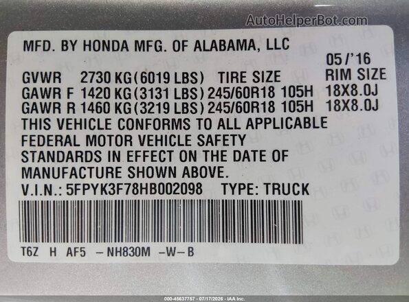 5FPYK3F78HB002098 2017 HONDA RIDGELINE Silver ძრავის განყოფილების ხედი