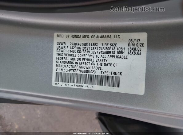 5FPYK3F78JB001023 2018 HONDA RIDGELINE Silver Շարժիչի բաժամունքի տեսք