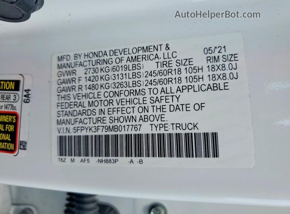 5FPYK3F79MB017767 2021 HONDA RIDGELINE White Widok komory silnika