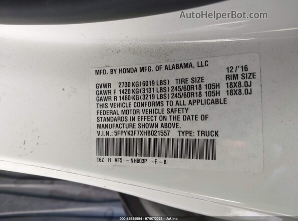 5FPYK3F7XHB021557 2017 HONDA RIDGELINE White Շարժիչի բաժամունքի տեսք