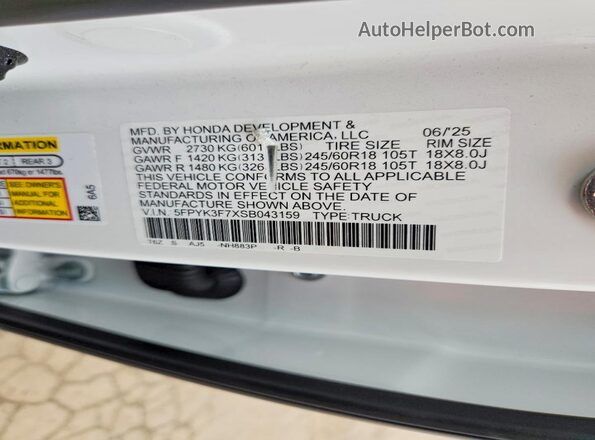 5FPYK3F7XSB043159 2025 HONDA RIDGELINE White VIN sticker view