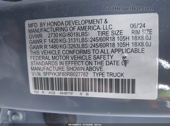 5FPYK3F80RB027782 2024 HONDA RIDGELINE Gray ძრავის განყოფილების ხედი