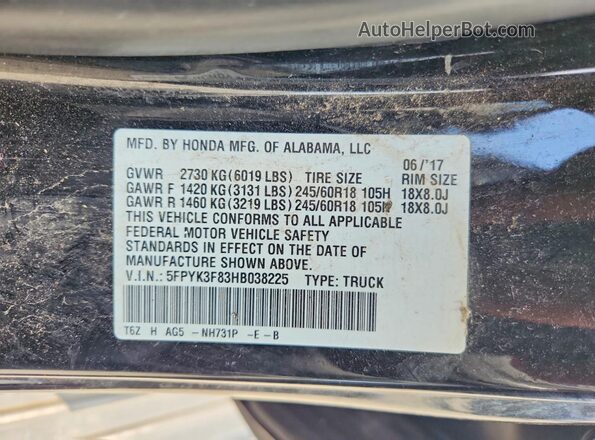 5FPYK3F83HB038225 2017 HONDA RIDGELINE Black VIN კოდის სტიკერის ხედი