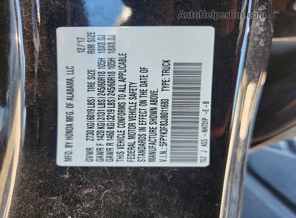 5FPYK3F83JB011693 2018 HONDA RIDGELINE Black Vista de la etiqueta del VIN
