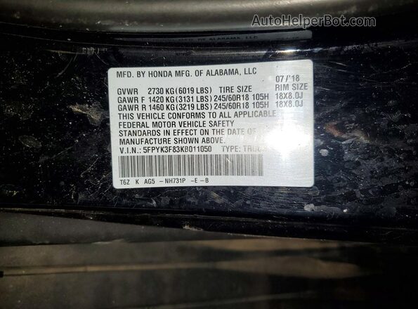 5FPYK3F83KB011050 2019 HONDA RIDGELINE Black Engine compartment view