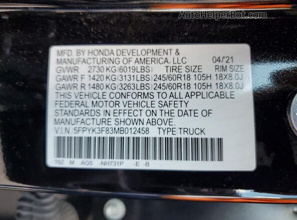 5FPYK3F83MB012458 2021 HONDA RIDGELINE Black Вид наклейки з VIN-кодом