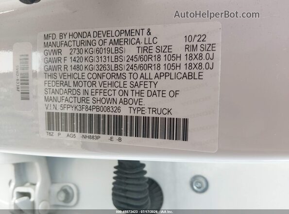 5FPYK3F84PB008326 2023 HONDA RIDGELINE White Vista del compartimento del motor