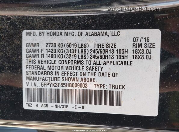 5FPYK3F85HB009003 2017 HONDA RIDGELINE Black Widok komory silnika