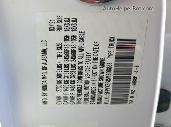 5FPYK3F85MB008668 2021 HONDA RIDGELINE Белый Вид подкапотного пространства