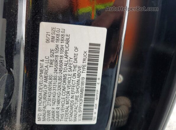 5FPYK3F85MB018519 2021 HONDA RIDGELINE Черный Вид наклейки с VIN-кодом