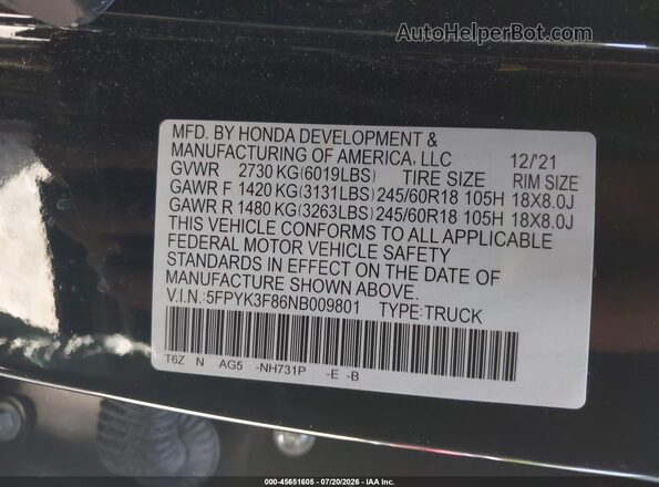 5FPYK3F86NB009801 2022 HONDA RIDGELINE Black Vista del compartimento del motor