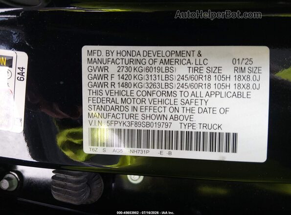 5FPYK3F89SB019797 2025 HONDA RIDGELINE Black Շարժիչի բաժամունքի տեսք