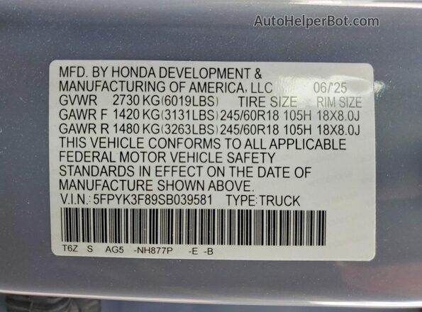 5FPYK3F89SB039581 2025 HONDA RIDGELINE Blue Widok komory silnika